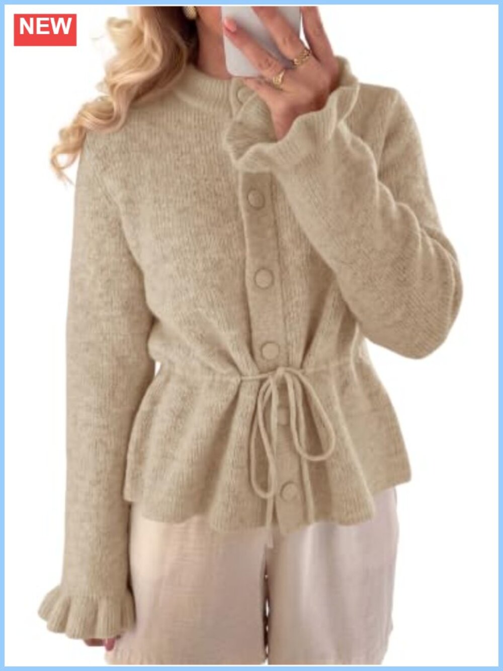 Ruffle Sleeve Cardigan Button Up Tie Waist Sweater Top